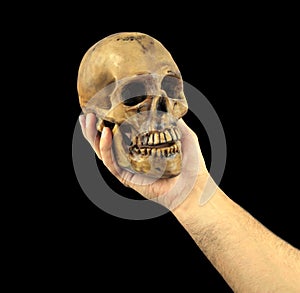 Holding human skull in hand. Conceptual image