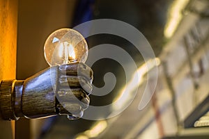 Holding a light bulb in one hand