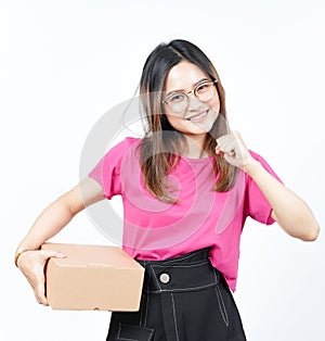 Holding Package Box or Cardboard Box Of Beautiful Asian Woman Isolated On White Background