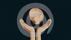 Two hands holding Pluto