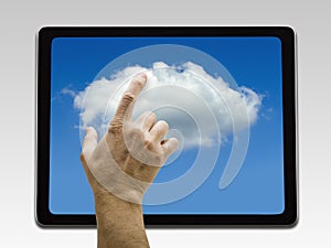 Holding and pointing to Cloud screen