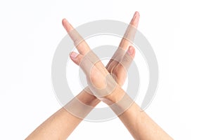 Holding a prohibited gesture in front of white background