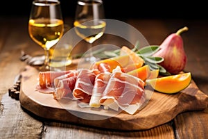 holding a prosciutto e melone appetizer on a wooden board