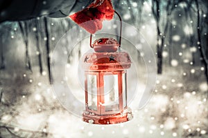Holding a red candle lantern in the winter forest.