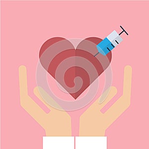 Holding Red Heart in Hand and Hypodermic Syringe. Healthcare Concept Vector Illustration Flat Style.