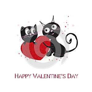 Holding shining red heart with loving couple cats. Happy Valentine`s day greeting card