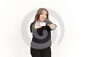 Holding and Showing Blank Credit or Bank Card Of Beautiful Asian Woman Wearing Black Shirt