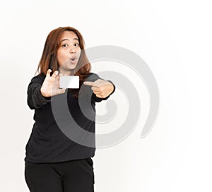 Holding and Showing Blank Credit or Bank Card Of Beautiful Asian Woman Wearing Black Shirt