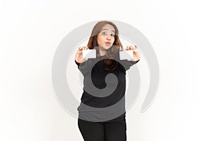 Holding and Showing Blank Credit or Bank Card Of Beautiful Asian Woman Wearing Black Shirt