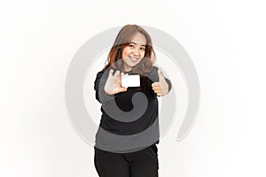 Holding and Showing Blank Credit or Bank Card Of Beautiful Asian Woman Wearing Black Shirt