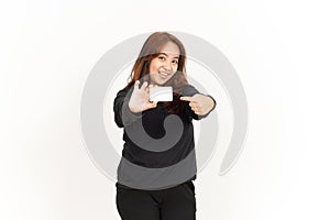 Holding and Showing Blank Credit or Bank Card Of Beautiful Asian Woman Wearing Black Shirt