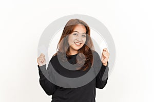 Holding and Showing Blank Credit or Bank Card Of Beautiful Asian Woman Wearing Black Shirt