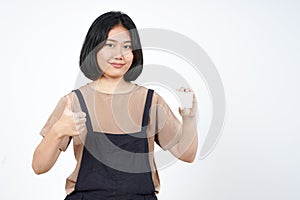 Holding and Showing Blank Credit Card Of Beautiful Asian Woman Isolated On White Background