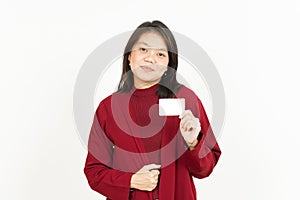 Holding and Showing Blank Credit Card Of Beautiful Asian Woman Wearing Red Shirt