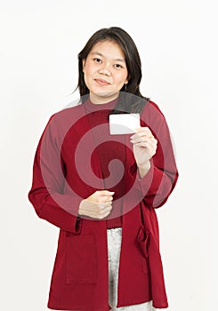 Holding and Showing Blank Credit Card Of Beautiful Asian Woman Wearing Red Shirt