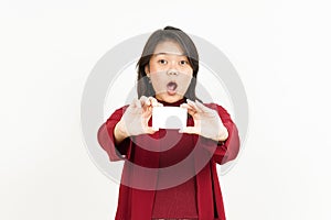 Holding and Showing Blank Credit Card Of Beautiful Asian Woman Wearing Red Shirt