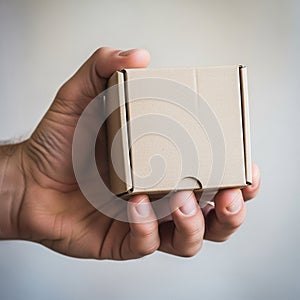 Holding a small plain cardboard box. The box is rectangular with a