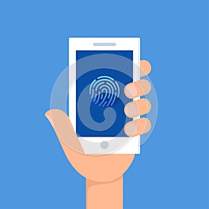 Holding A Smartphone with Fingerprint Authentication Sign on Screen. Identification, Verification and Data Protection