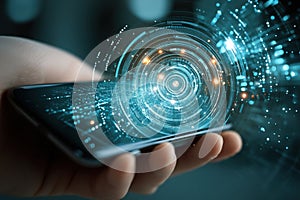 Holding a Smartphone With a Holographic Interface Projected Above in a Modern Environment During the Evening