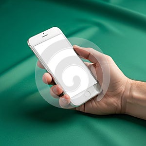 Holding a smartphone with a white blank screen indicating it could be