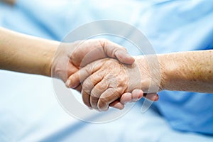 Holding Touching hands Asian senior or elderly old lady woman patient with love, care, helping, encourage