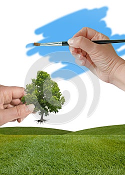 Holding tree in hand over green field, painting blue sky  Environment sustainability concept