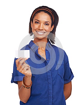 Holding up your copyspace. An african-american woman showing you a blank card while isolated on a white background.