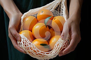 Holding vibrant oranges in a white net, a fruitful display