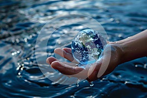 Holding a water drop with the Earth in hand, symbolizes the commitment to reducing global warming, Generated AI