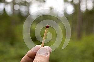 Holding a wooden match stick outside with greenery behind