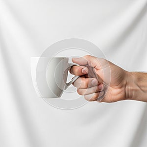 Holds a plain white ceramic mug against a smooth white background.