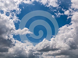 Hole of blue sky in the fluffy clouds in the sky photo