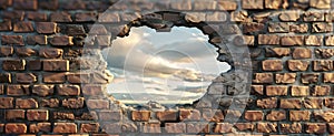 Hole on a broken brick wall blank space, 3d redering castle wall