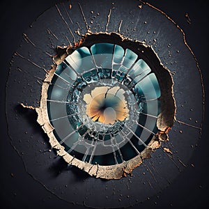 Hole in the broken window glass by a bullet shot. generative AI