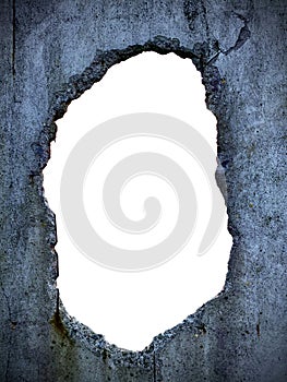 Through hole in concrete wall and white isolated background