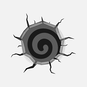 Hole with cracks. Damage surface. Broken ground or wall. Vector.