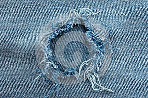 Hole in denim fabric. Ripped jeans