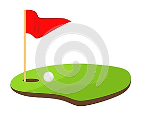 Hole golf with red flag and white ball stock vector illustration