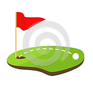 Hole golf with red flag and white ball stock vector illustration