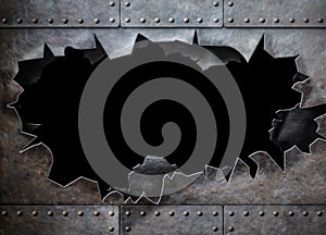 Hole in metal armor steam punk background photo
