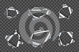 Hole in metal. Ripped steel, ragged metals holes and crack in metallic material realistic 3D vector set. Fractured