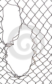 Hole on metallic gate, torn chain isolated on white