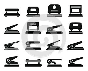 Hole puncher office icons set, simple style