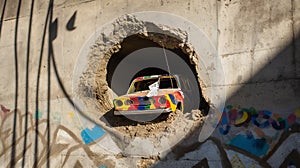 A hole in a rough concrete wall. Hanging out of the hole is a half modern colorful car with a white flag attached, AI generated