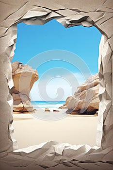 a hole in the wall with a view of the beach