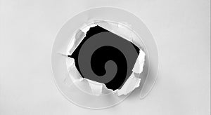 A hole in white paper with torn edges and a black isolated background inside