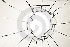 A hole in the window, cracks in the glass. The effect of a broken window texture on a white background.