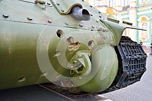 The holes on the body of the Soviet medium tank T-34 model 1941