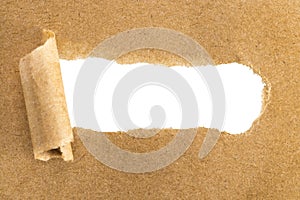 Holes in brown paper with torn sides over paper background with