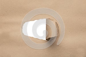 Holes in brown paper with torn sides over paper background